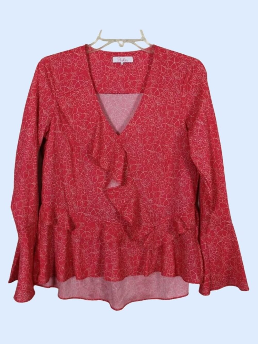 Parker high low bell sleeves ruffled floral pink white blouse size XS